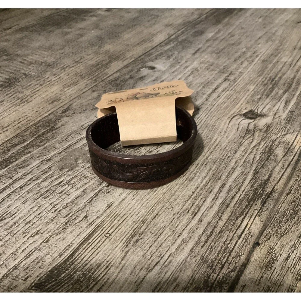 Justin Genuine Leather Brown Tooled Western Style Bracelet Unisex